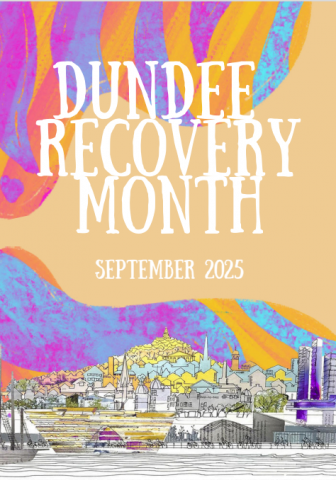 Cover of the Recovery Month programme of events, text reads Dundee Recovery Month, September 2025. The background is yellow with waves of colour throughout and there is a Dundee city illustration on the bottom of the page by lindabeedrawsdundee