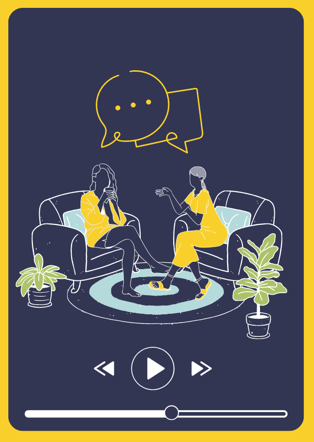 Graphic of a audio player with group of people chatting above