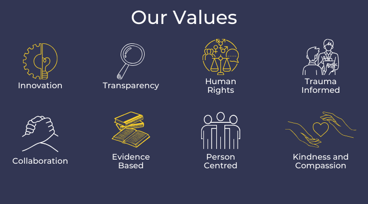 Our Values, innovation, collaboration, transparency, evidence based, human rights, person centred, trauma informed, kindness and compassion