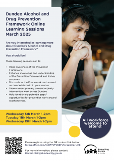 Learning session flyer, image on the right shows man in headphones looking at laptop screen. Information of event on left side with link to event booking at the bottom. 