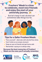 Poster, illustration of friend group. Text on poster reads: Freshers' week is a time to celebrate, meet new friends and enjoy the start of your university journey. Bur let's keep it real: alcohol can sometimes take things too far. Tips for a safer freshers' week: Pace yourself - alternate with alcohol-free drinks. Don't drink on an empty stomach. Keep an eye on friends and get home safe. Remember: saying no is always okay. Because the best memories of Fresher's Week are the ones you'll actually remember.